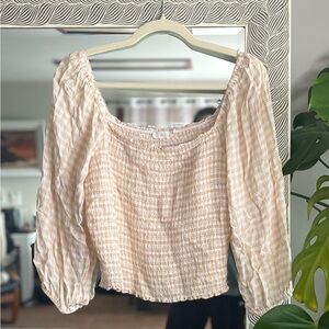 Beige Gingham Puff Sleeve Top